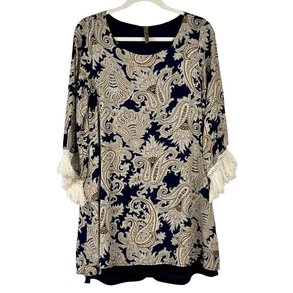 Entro Women’s Paisley Crewneck Long Sleeve Fringe Dress Small